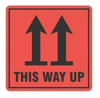 This Way Up Handling Label - Orange/Black, 99mm x 99mm Carton 12